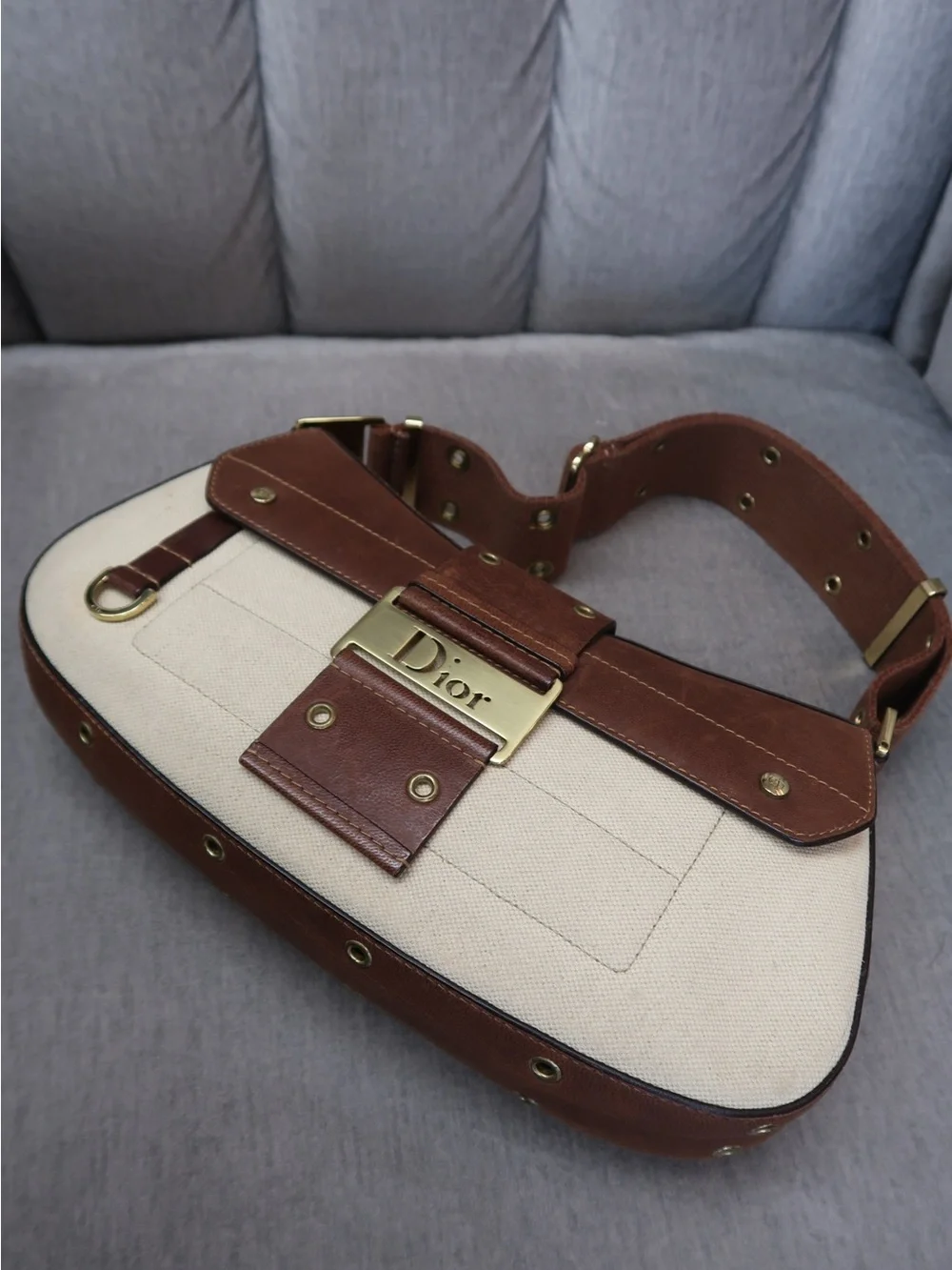 Dior Brown & Cream Canvas Shoulder Bag with Gold Hardware - Picture 2 of 10